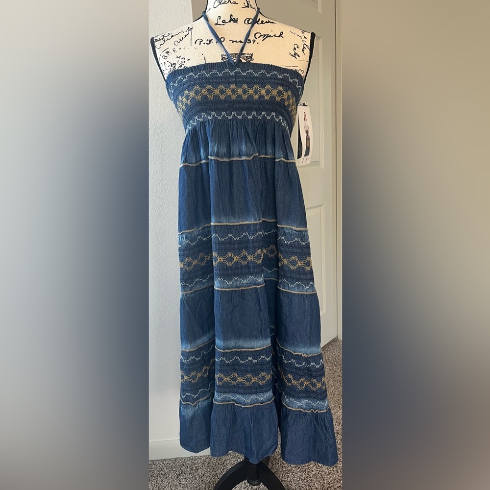 Indigo Blue Smocked Halter Maxi Dress /skirt with Embroidered Stripe Detail